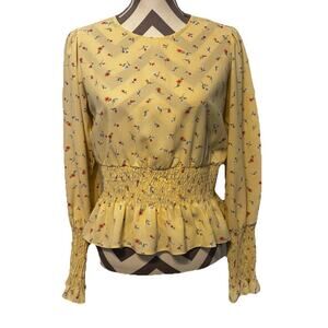 Forever 21 Floral Long Sleeve Smocked Yellow Flowers Top Blouse M Forest Fairy